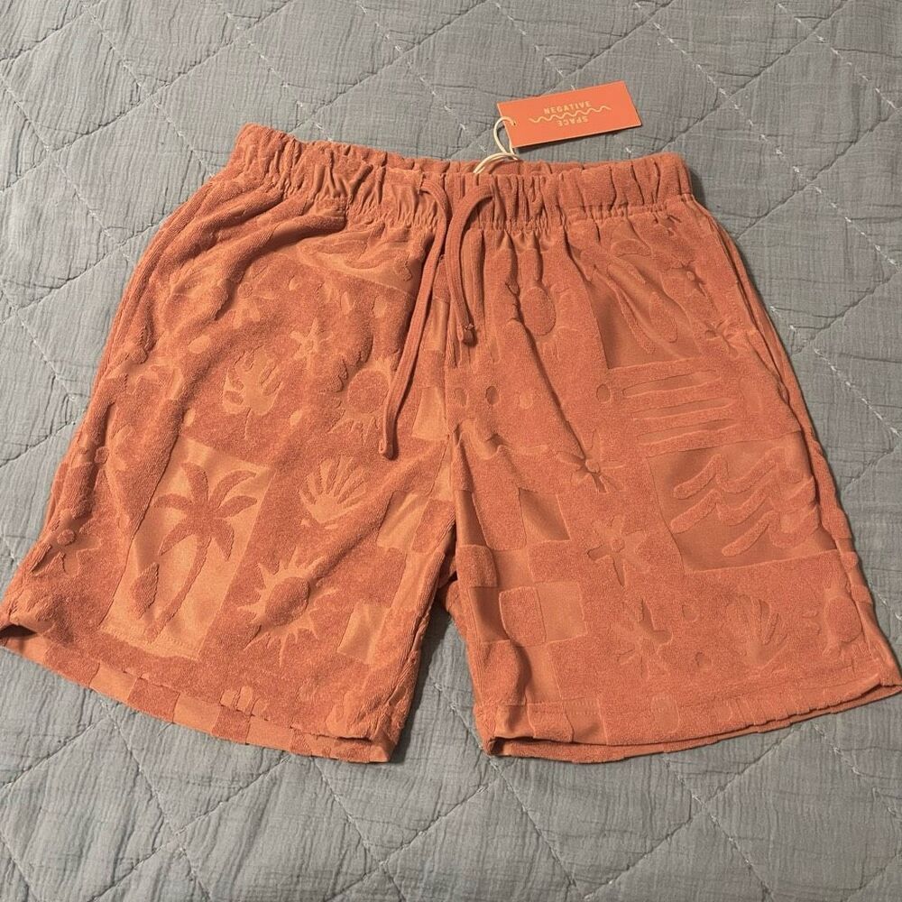 NEW Negative Space Shorts Mens Size S Rust Orange Textured Terry Cloth Beach Swi
